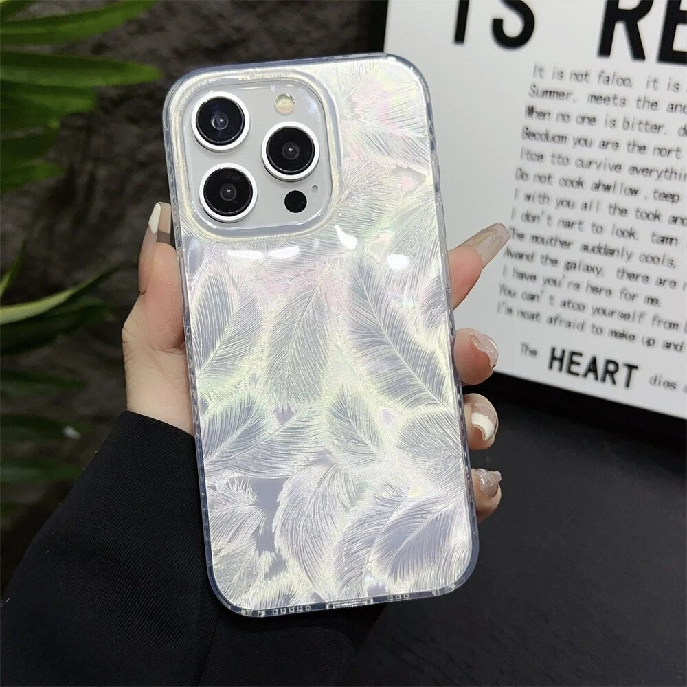 Bling Glitter Colorful Dream Feather Art Laser Gradient Luxe Holographic Leaf Sparkling Cover