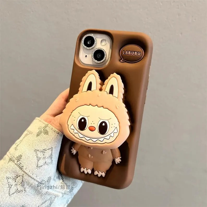 3D Labubu Cartoon Cute Plush Love Dark Brown Phone Holder Plush Pop Aesthetic Case