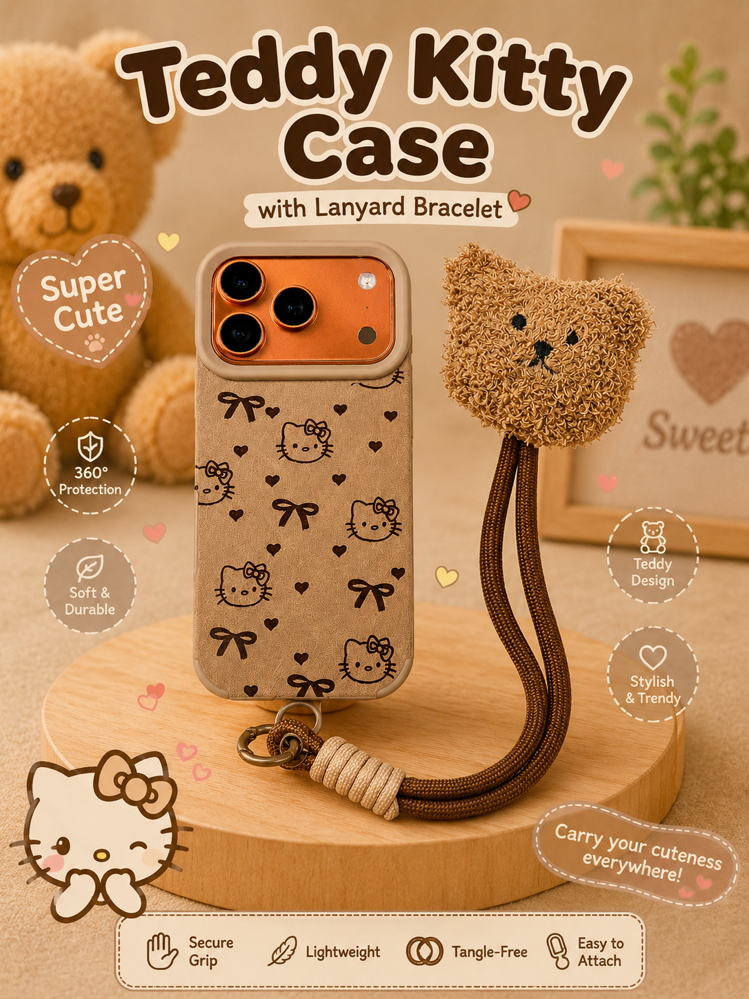 Cartoon Doll Teddy Bear Phone Case with Plush Teddy Lanyard Wrist Strap Cover