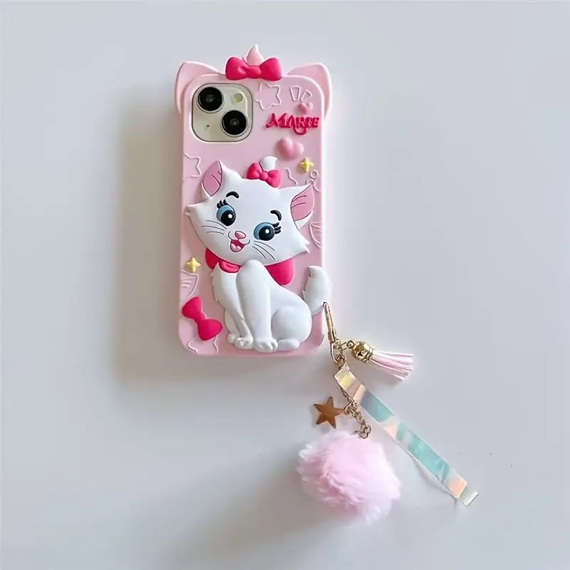 3D Marie Kitty Bow Cartoon Wrist Holder with Charm Hair Ball Furr Pendant Adorable Cat Kawaii Case