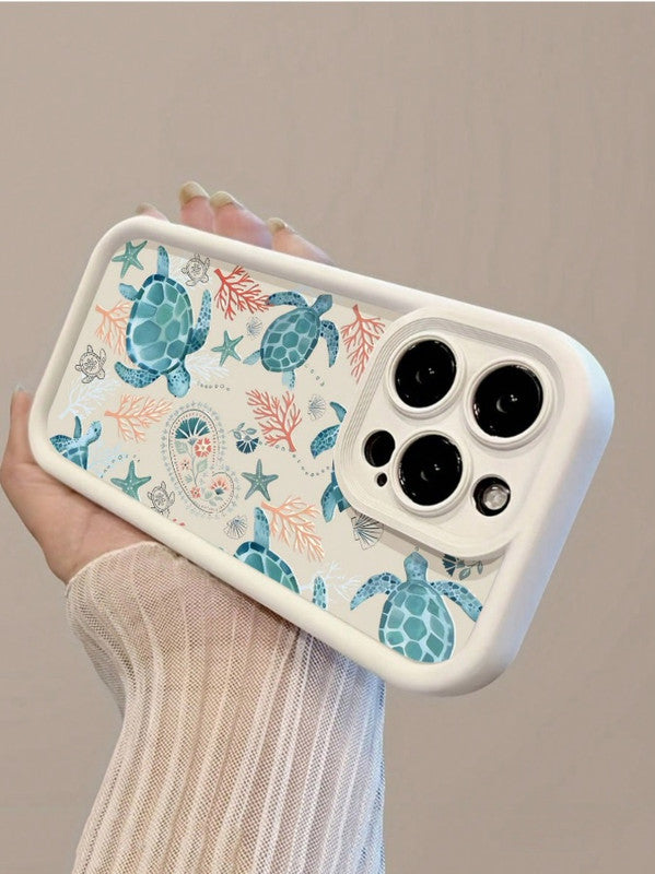 Sea Turtle Hot 3D Turtle Painting Concave Seaweed Coral Beach Cute Print Fashion Phone Case (Beige)