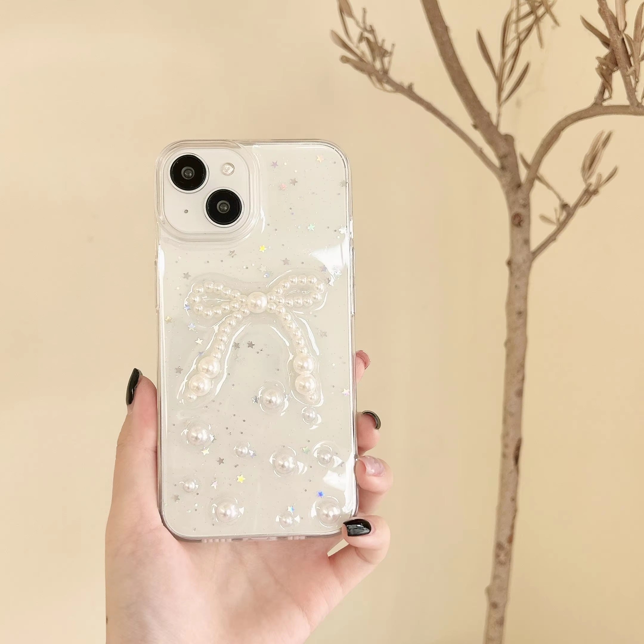 Luxury Translucent Pearl Bow Shinning Stars Resin Phone Case
