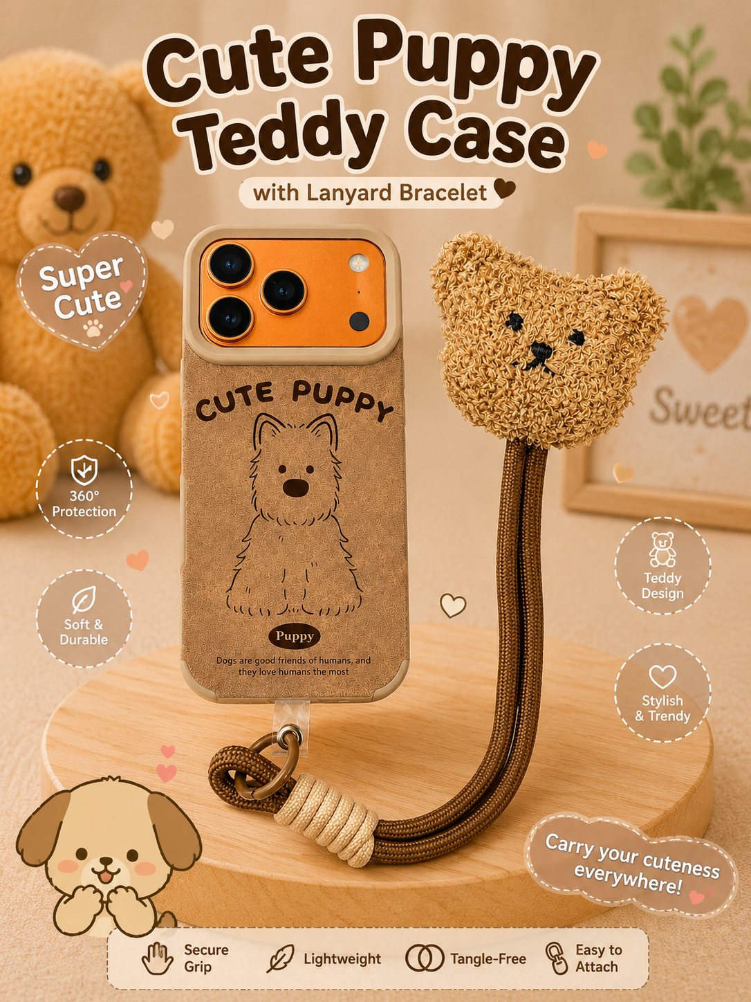Cartoon Doll Teddy Bear Phone Case with Plush Teddy Lanyard Cute Puppy Dog Brown Wrist Strap Cover
