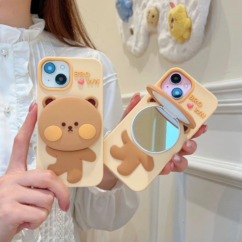 3D Brown Teddy Bear Makeup Mirror Cartoon Stand Case
