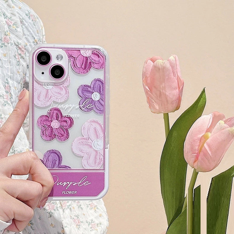 3D Cute Creative Purple Flower Cartoon Oil Painting Floral Decor Wave Curly Edge Invisible Stand Holder Case