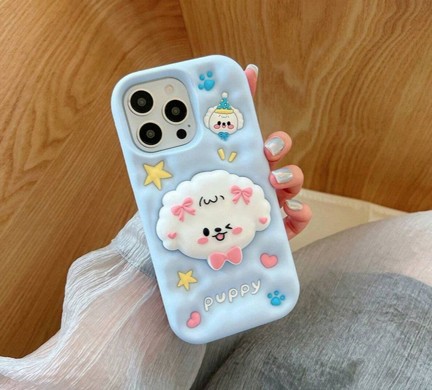 3D Puppy Knot Cartoon Dog Love Pastel Blue Phone Holder Kawaii Case