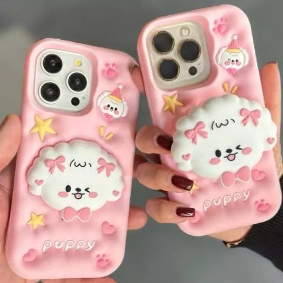 3D Puppy Knot Cartoon Dog Love Pastel Pink Phone Holder Kawaii Case