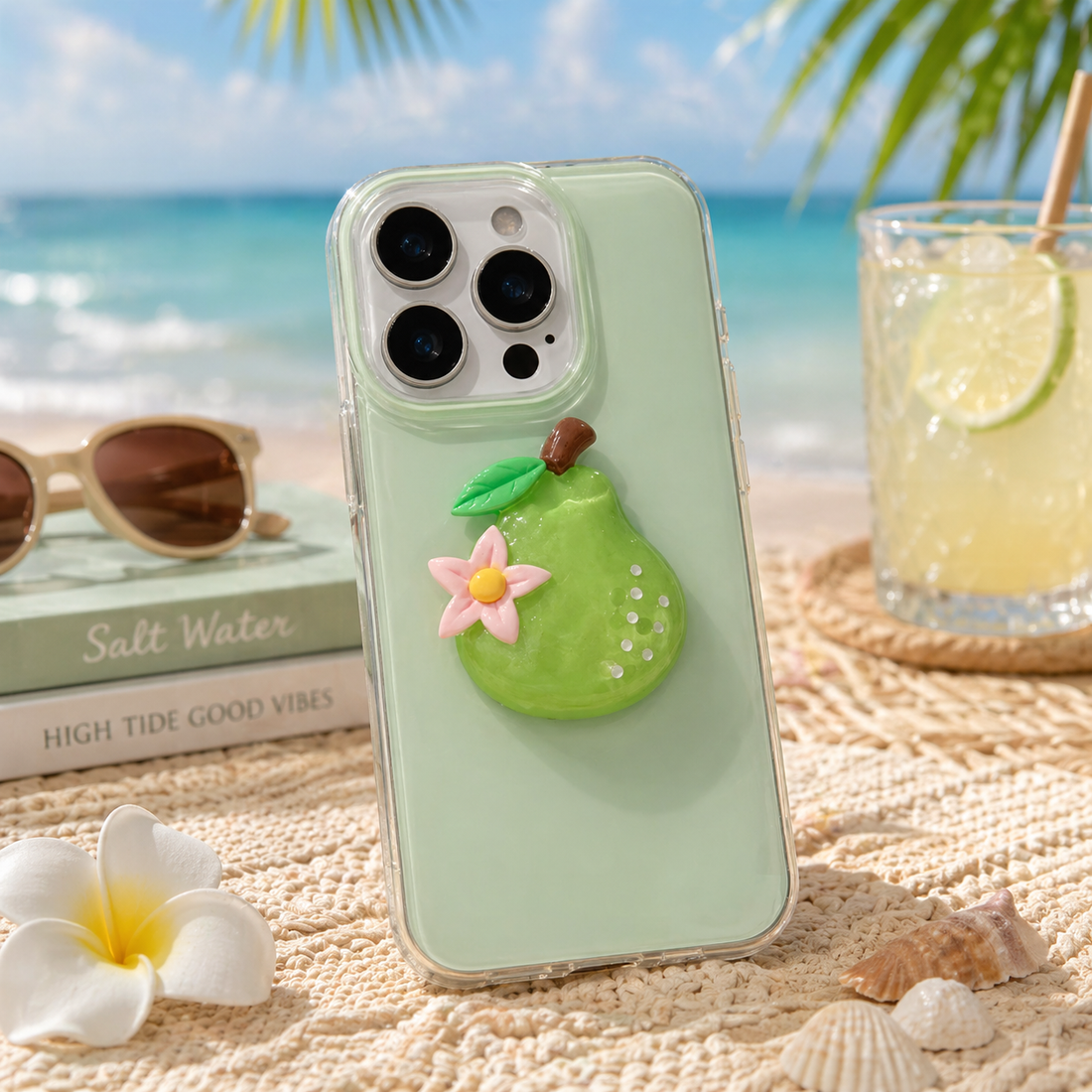 3D Pear Avocado Clear Aesthetic Clay Art with Flower Accent (Matcha Cream & Orchard Green)