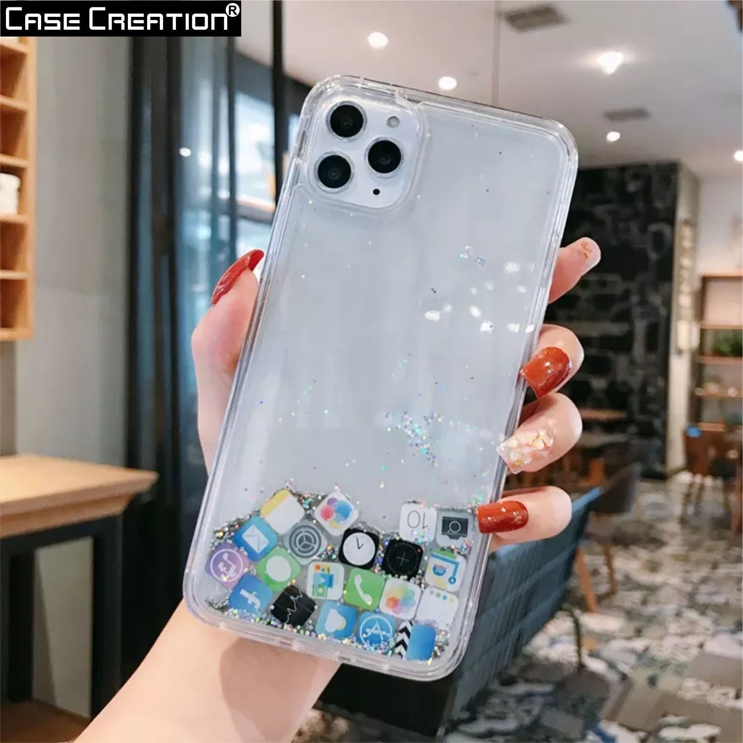 Liquid Glitter Bling Quicksand with iOS Acrylic Icon Sparkle Floating App Case