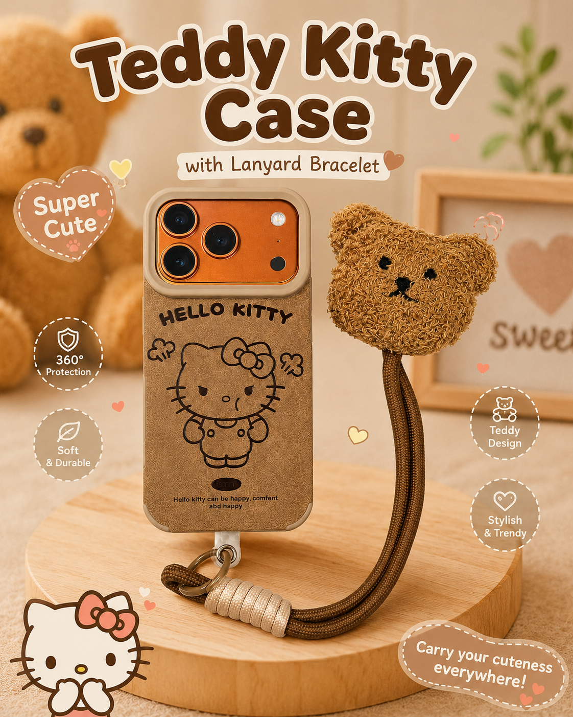 Cartoon Doll Teddy Bear Phone Case Lanyard Kitty Brown With Charm Lanyard Teddy Push Wrist Strap Case