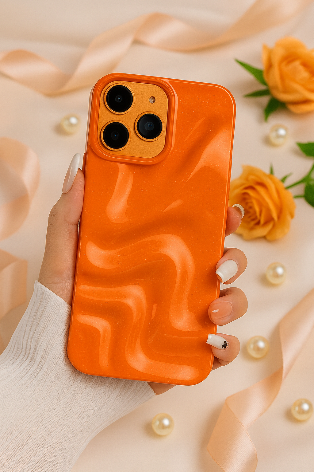 Orange Glitter Swirl Hot Minimalist Faux Wave Wrinkle Cute Design Aesthetic Glossy Case