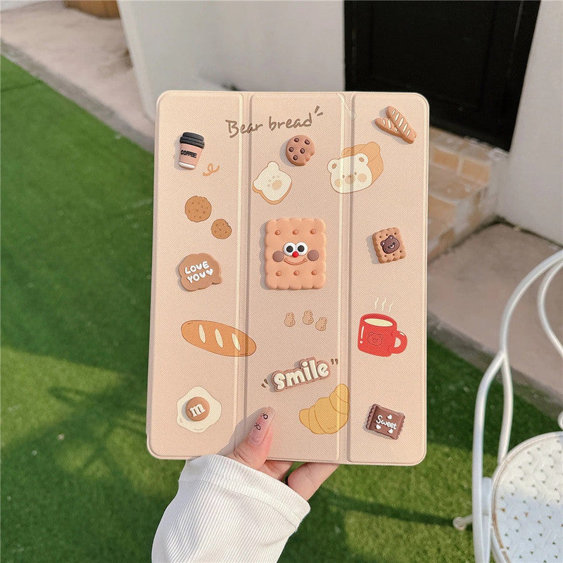 3D Cute Cartoon Bread Biscuit PU Leather Tablet iPad Flip Case,Smile Coffee Auto Wake/Sleep Colorful Floral Stand with Pencil Holder Cover
