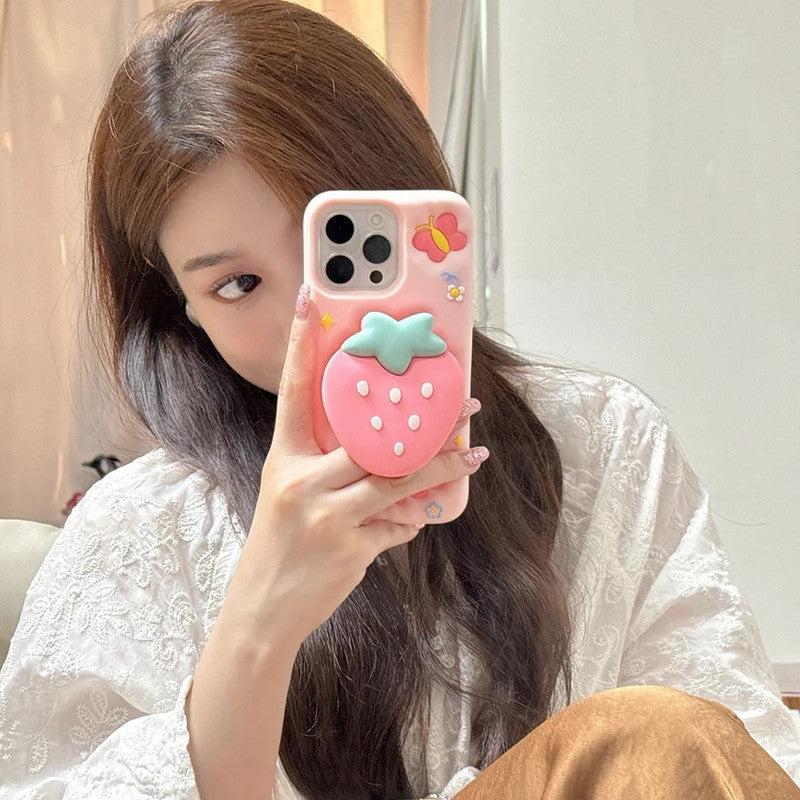 3D Strawberry Sweet Cartoon Kawaii Adorable Cute Lovely Butterfly Pink Pop Case with Holder