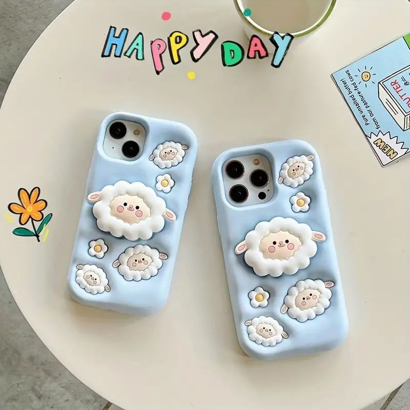 3D Cartoon Sheep Flock Case Funda Cotton Candy Cloud Pop Back Case with Holder