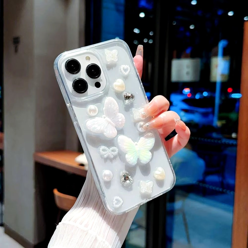 Luxury Translucent Butterfly Diamond Pearl Heart Resin Phone Case