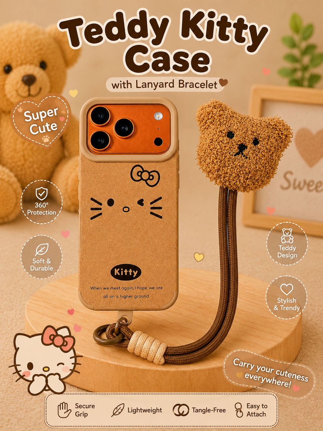 Cartoon Doll Teddy Bear Phone Case with Plush Teddy Lanyard Kitty Bow Pin Brown Wrist Strap Cover