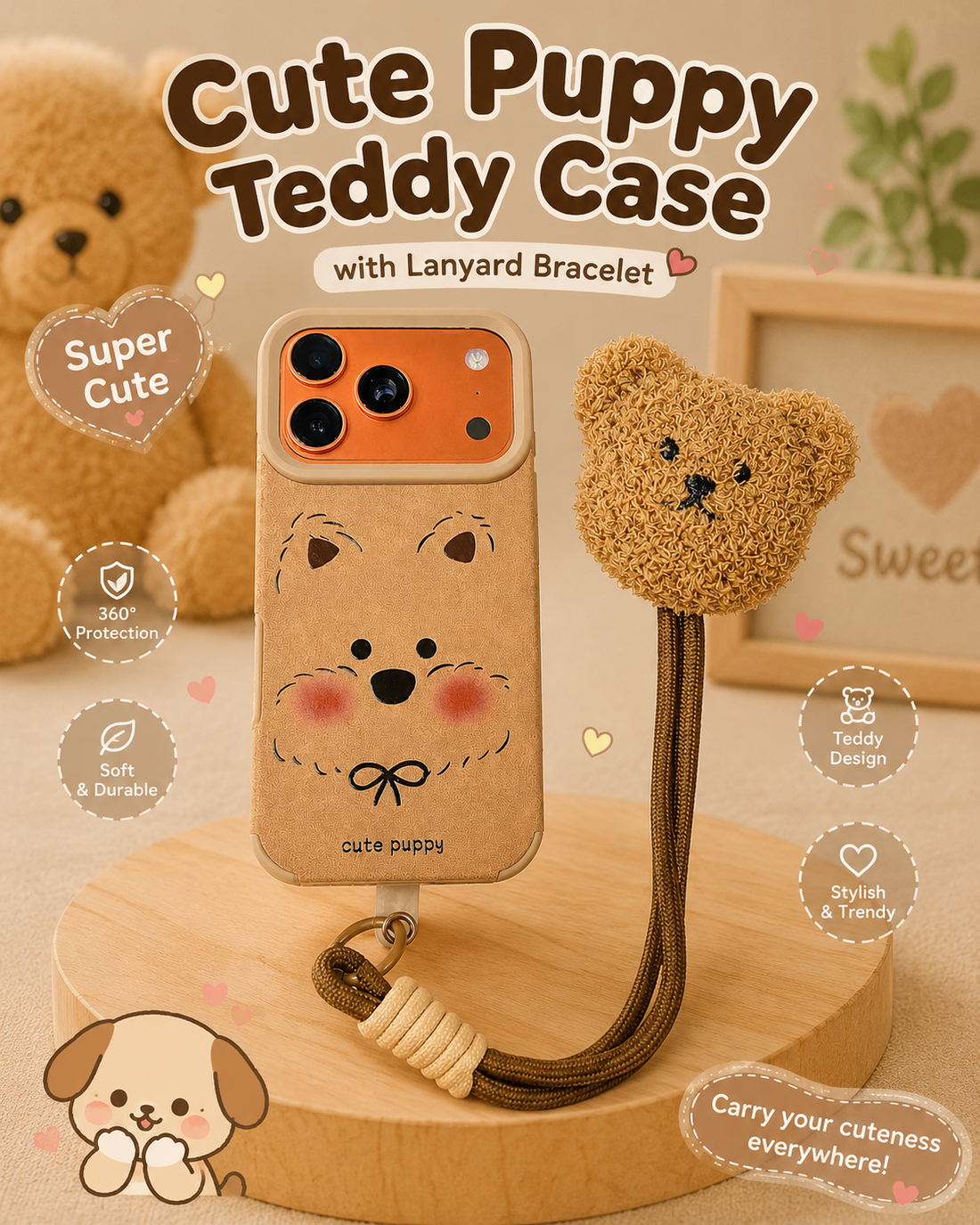 Leather Texture Cartoon Doll Teddy Bear Phone Case with Plush Teddy Lanyard Wrist Strap Puppy Face Brown Cover
