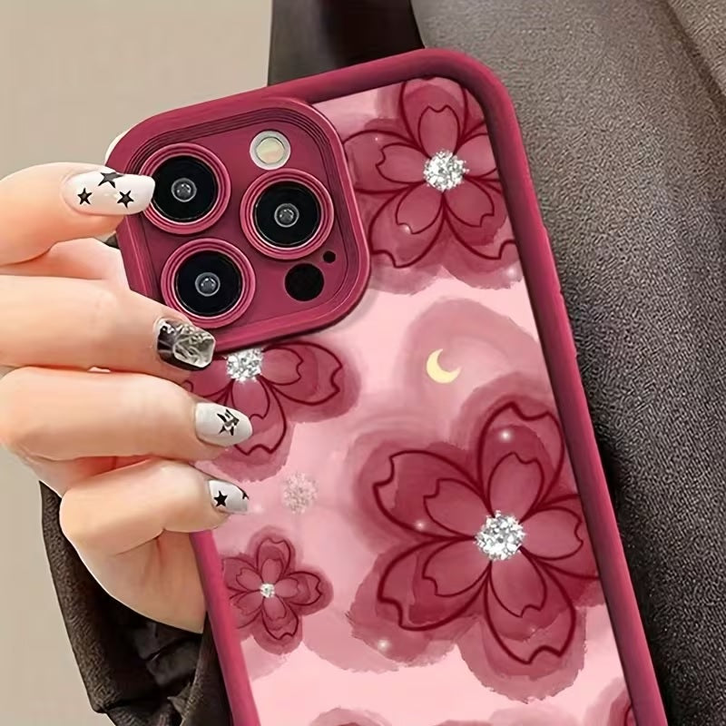 3D Hot  Red Floral Sparkle Diamond Flower Cute Design Silicone Aesthetic Print Case