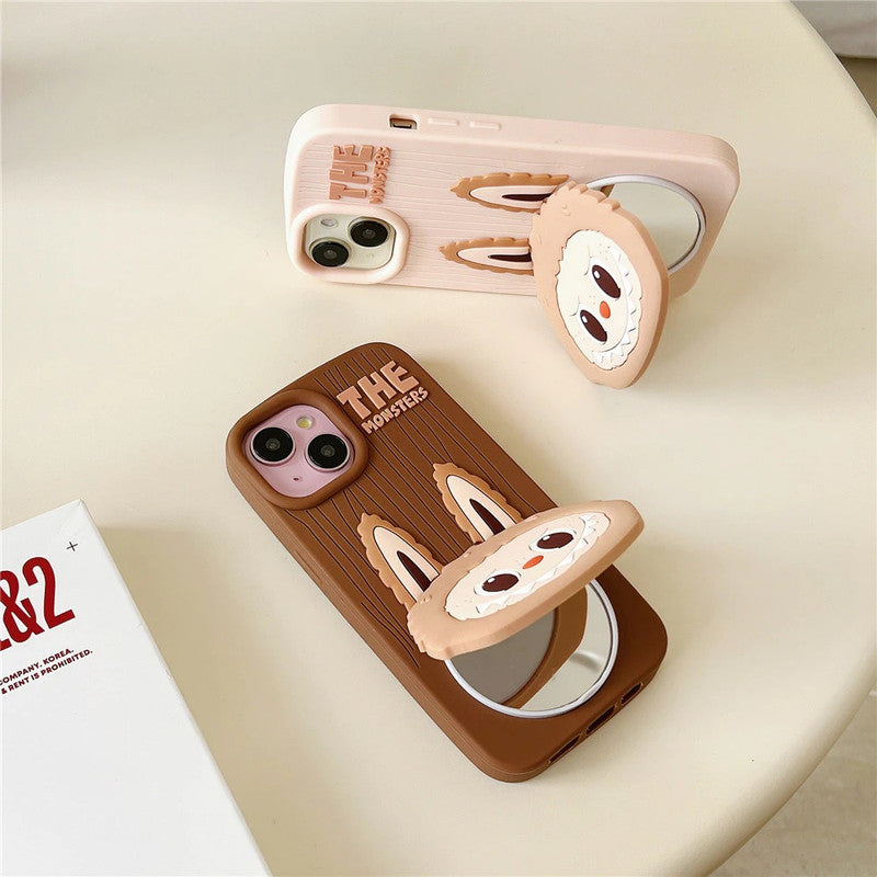 3D The Monster Labubu Mirror Cartoon Phone Holder Stand Makeup Brown Case