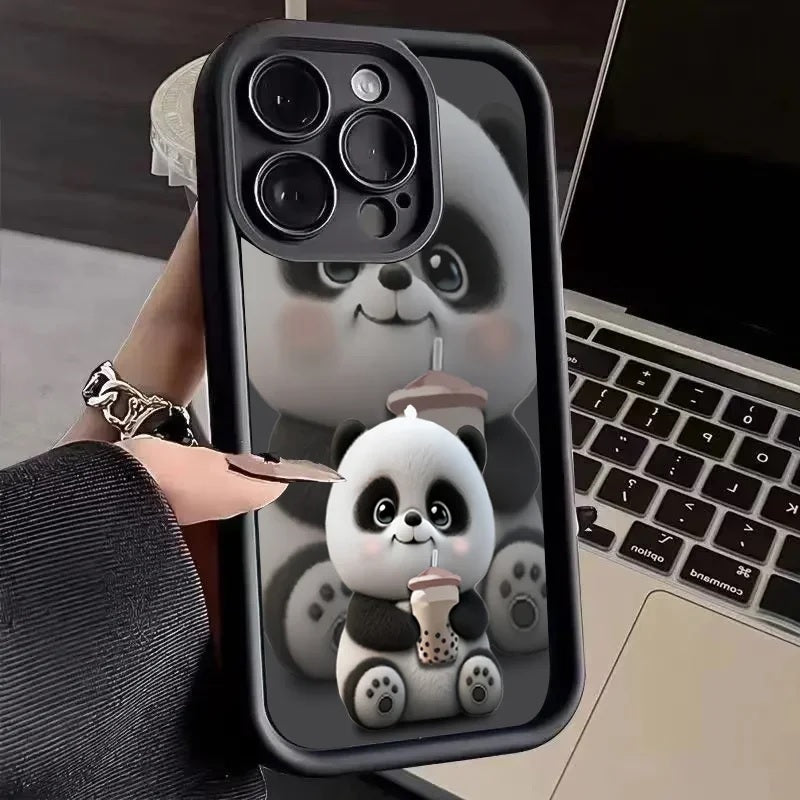 Black Panda Pattern Hot 3D Teddy Bear Boba Tea Cute Design Drinking Coffee Print Cover