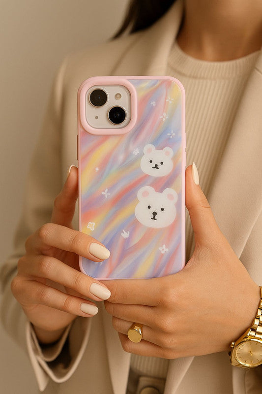3D Pastel Rainbow Teddy Bear Luxury Texture Trendy Retro Cute Fashion Artistic Kawaii Aesthetic Design Case