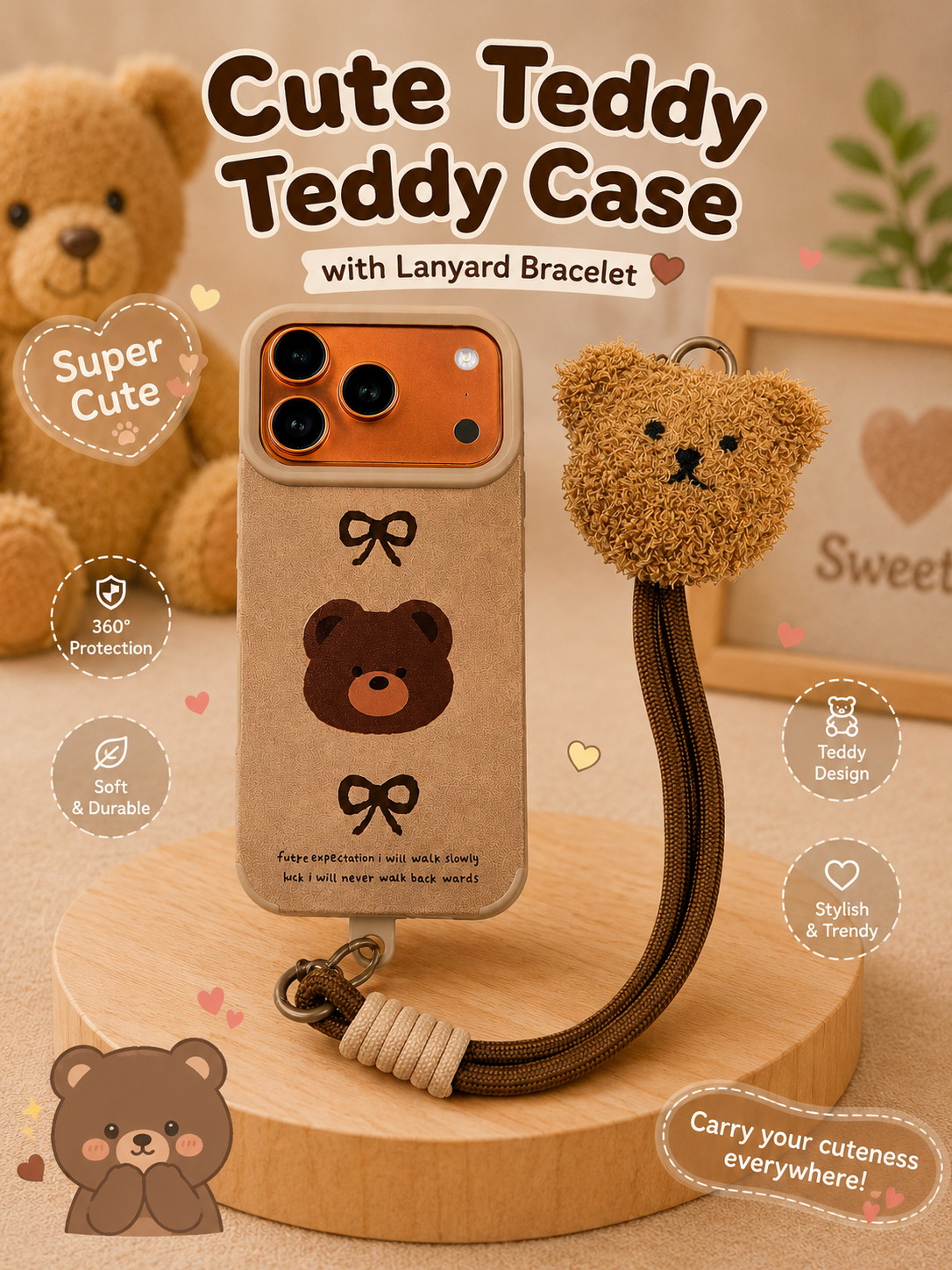 Leather Cartoon Teddy Bear Phone Case with Plush Teddy Lanyard Brown Teddy Wrist Strap Case