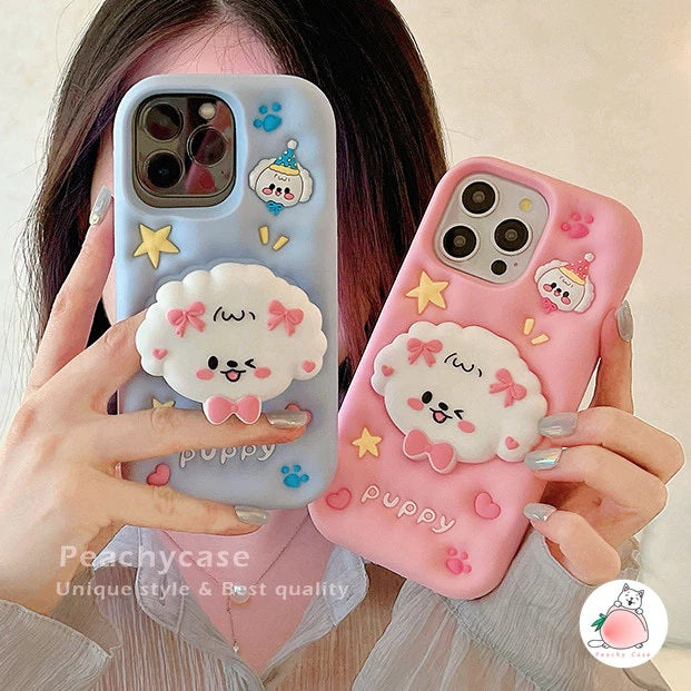 3D Puppy Knot Cartoon Dog Love Pastel Blue Phone Holder Kawaii Case