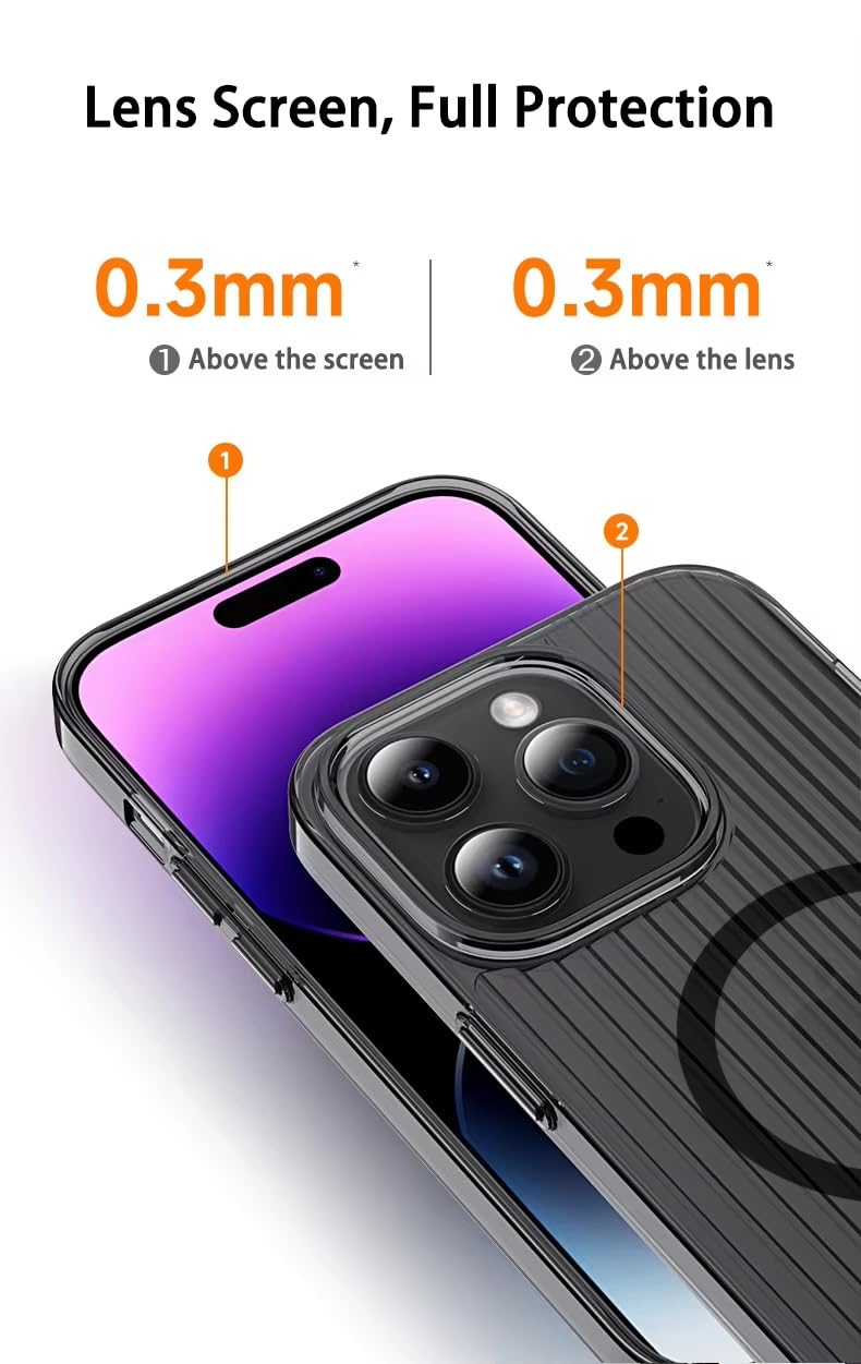 Transparent Hard Frosted Corrugated Phone Case Compatible with Magsafe, Anti-Yellow Back Case Glossy Wavy Texture - Black
