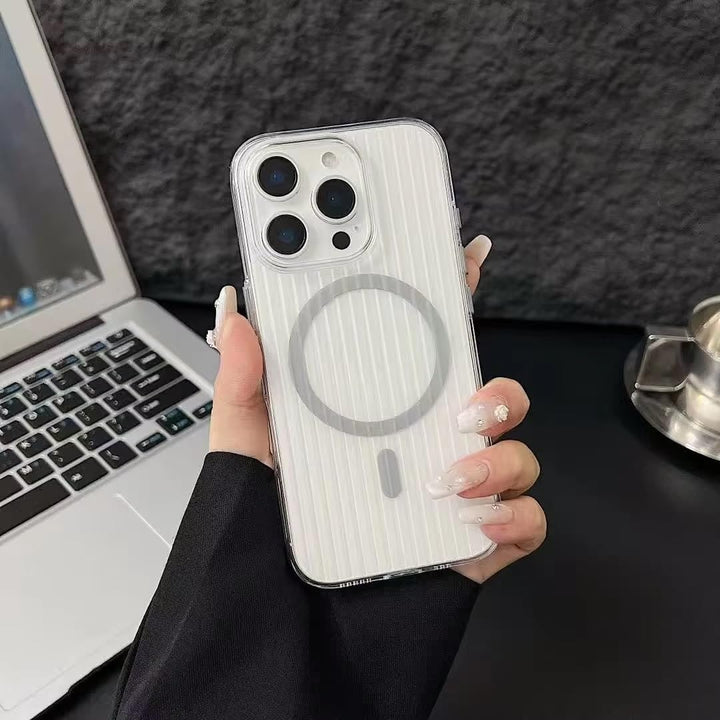 Transparent Hard Frosted Corrugated Phone Case Compatible with Magsafe, Anti-Yellow Back Case Glossy Wavy Texture - Clear Grey