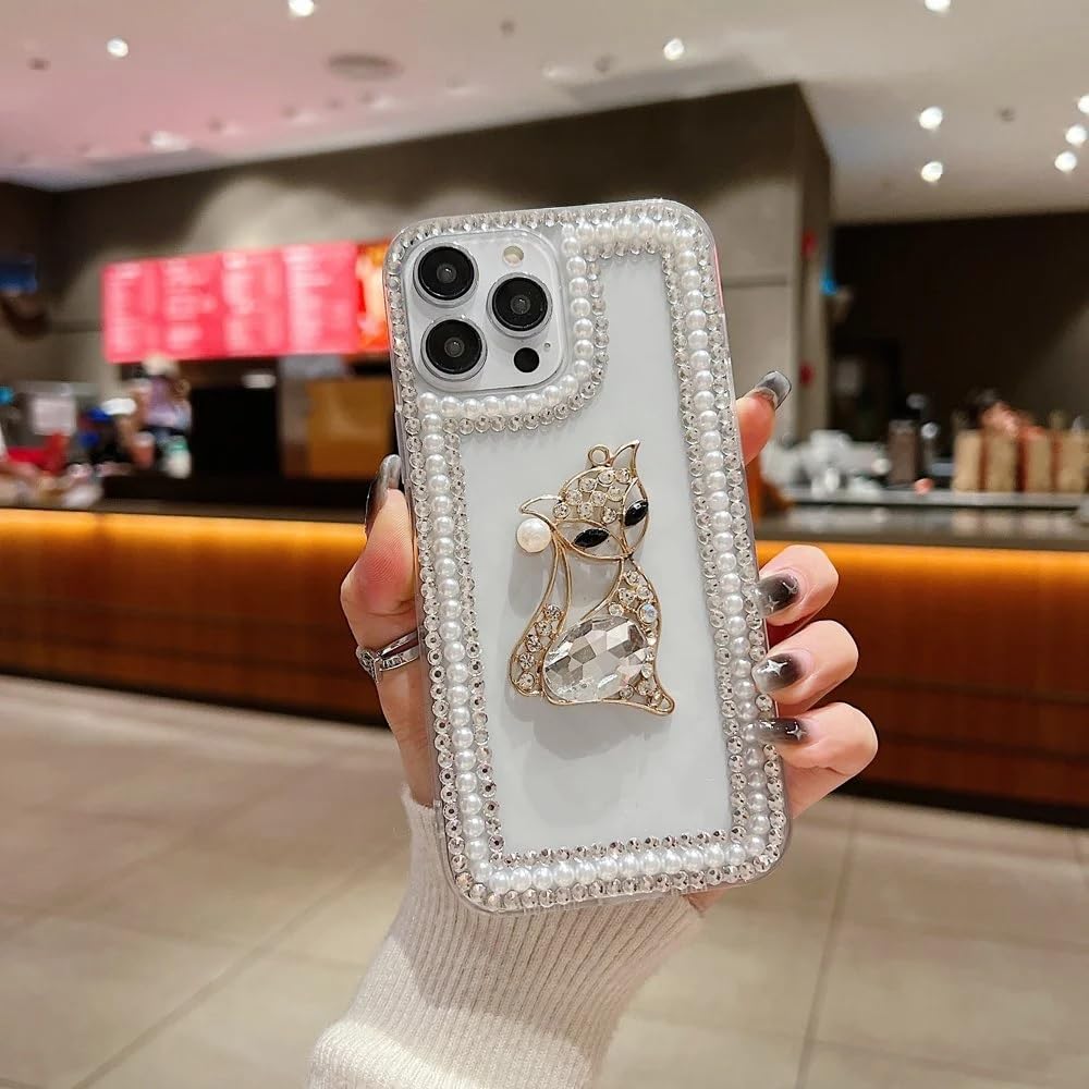 Cute Sparkling Pearl Kitty Cat Resin Phone Back Case with Crystal Rhinestone Border and Decorative Charm Bracelet