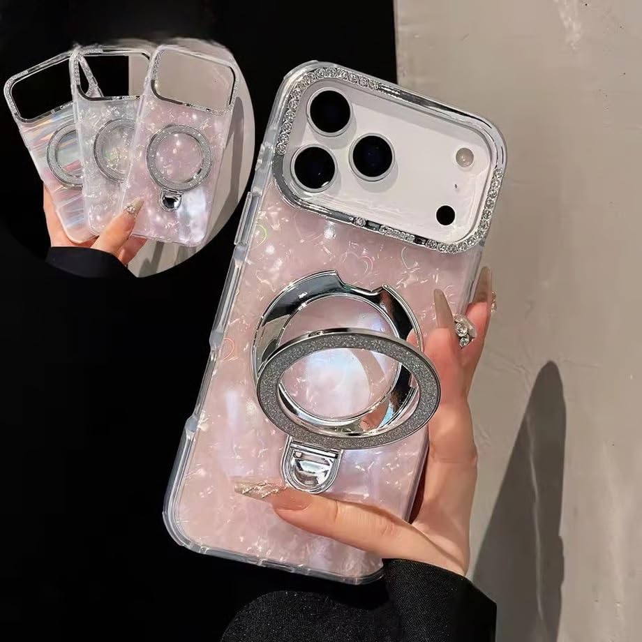 Glitter Marble Back Case Rhinestone Camera Holographic Kickstand Phone Cover With Crystal Ring Holder Stand - Rose Pink
