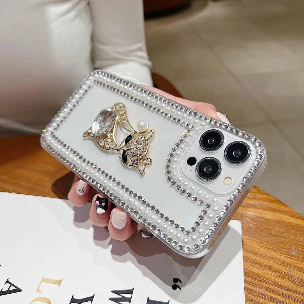 Cute Sparkling Pearl Kitty Cat Resin Phone Back Case with Crystal Rhinestone Border and Decorative Charm Bracelet