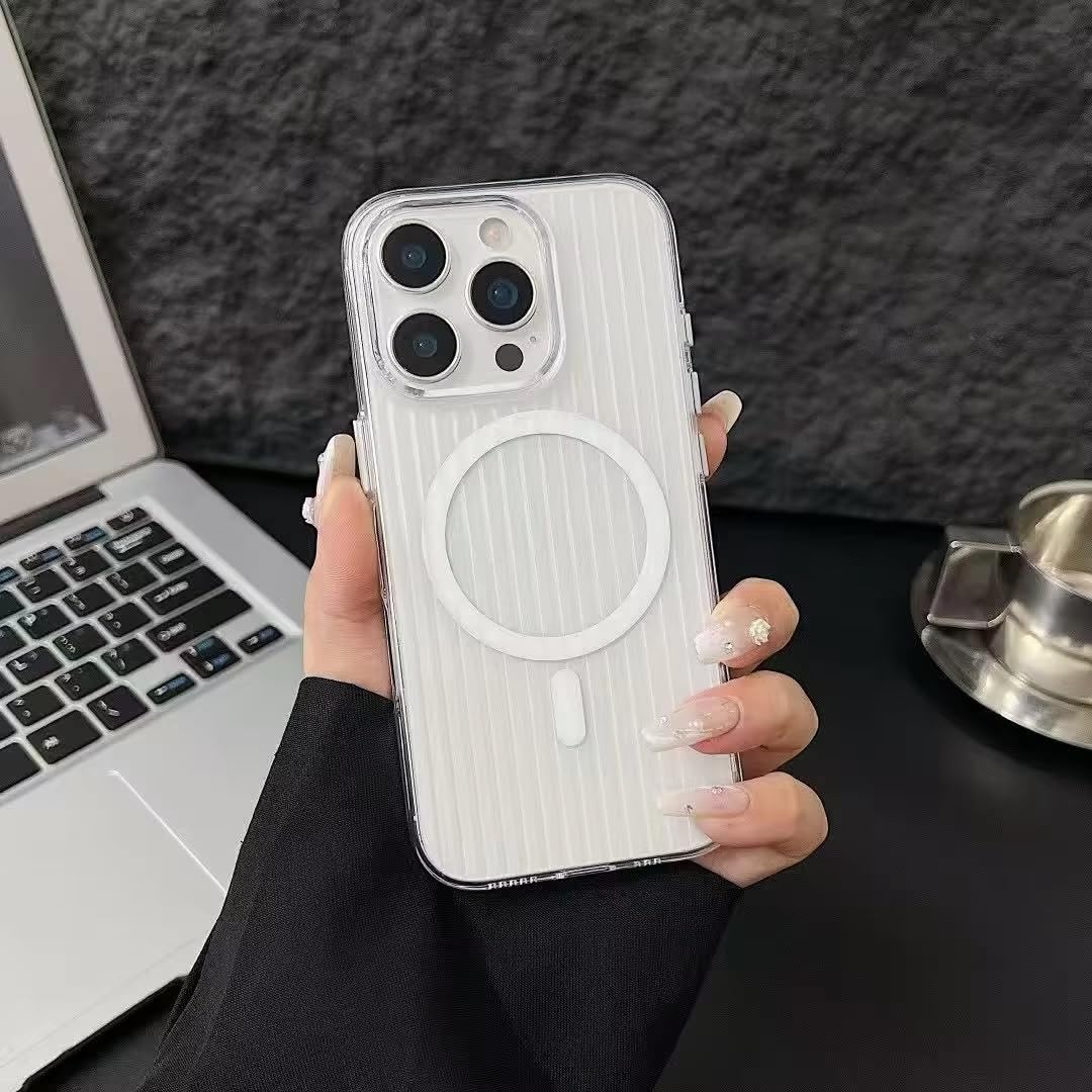 Transparent Hard Frosted Corrugated Phone Case Compatible with Magsafe, Anti-Yellow Back Case Glossy Wavy Texture - Clear White