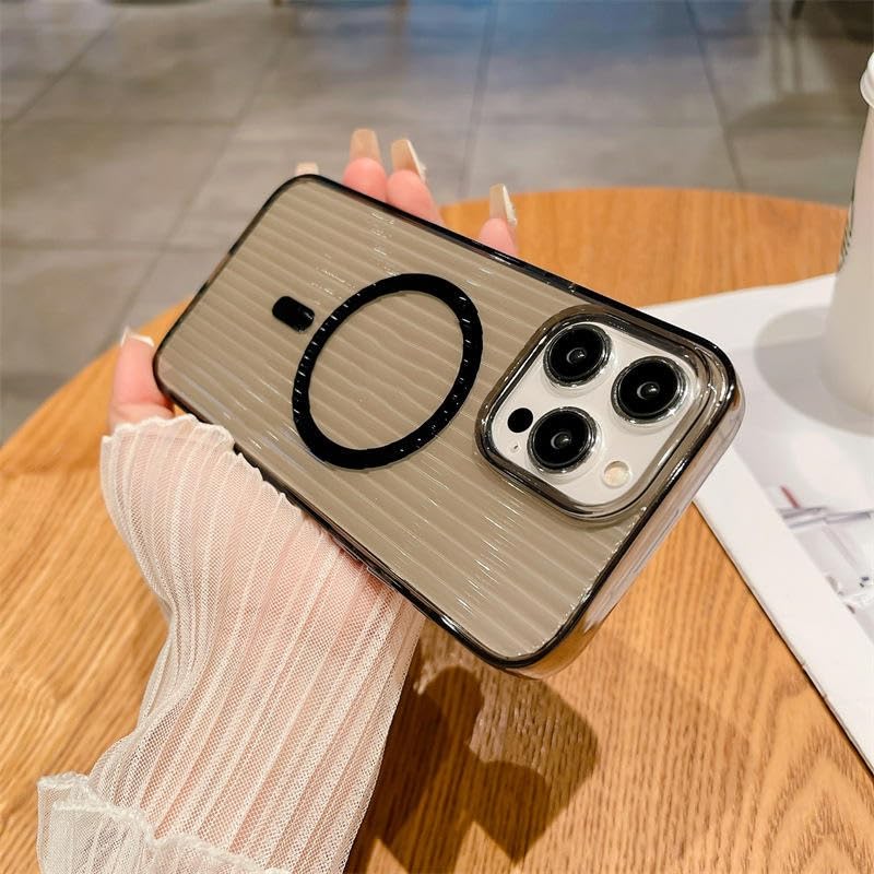 Transparent Hard Frosted Corrugated Phone Case Compatible with Magsafe, Anti-Yellow Back Case Glossy Wavy Texture - Clear Black