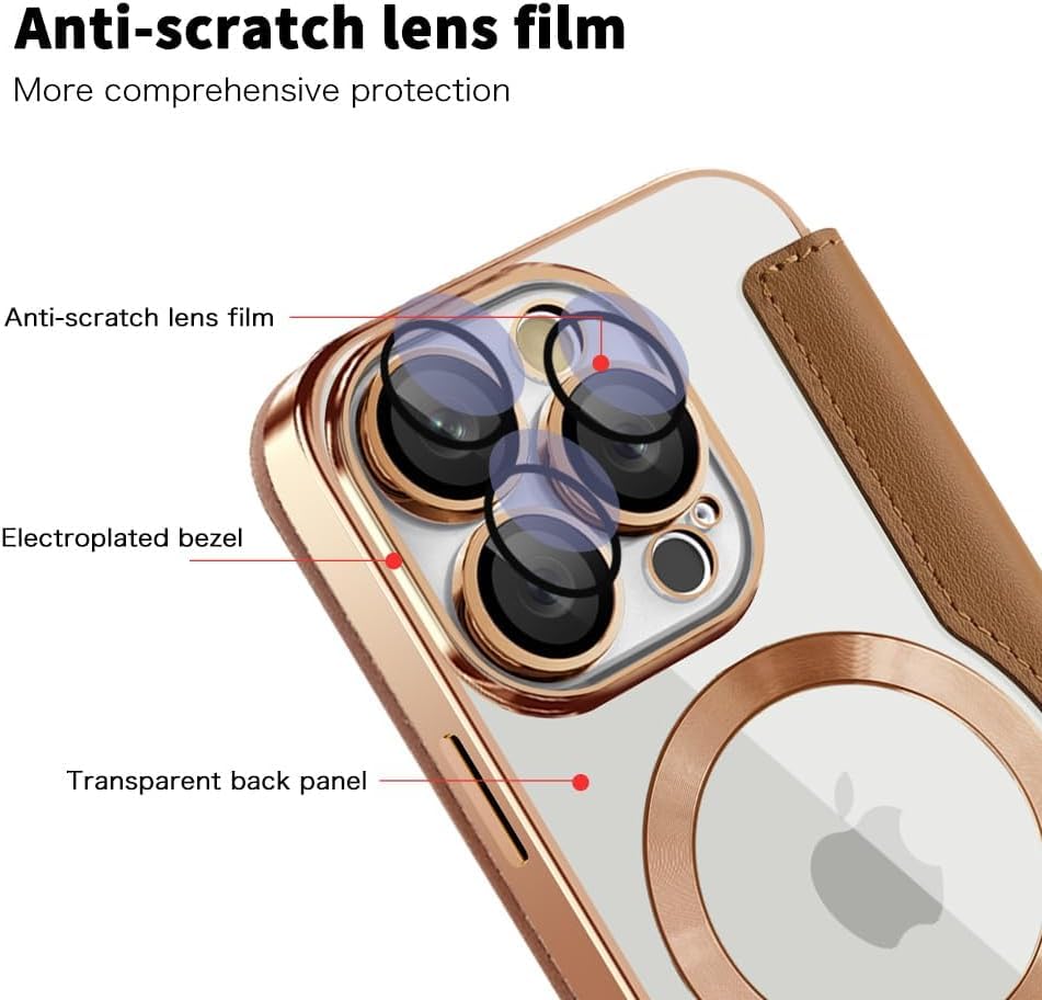 Magnetic Flip Case with RFID Card Slot, MagSafe Leather Wallet Cover with Camera Lens Protection, Shockproof TPU Luxe Case - Brown