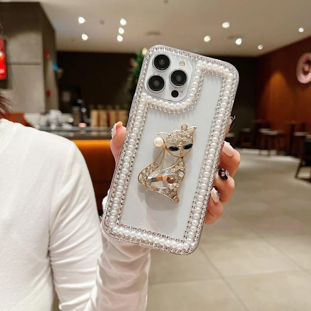 Cute Sparkling Pearl Kitty Cat Resin Phone Back Case with Crystal Rhinestone Border and Decorative Charm Bracelet