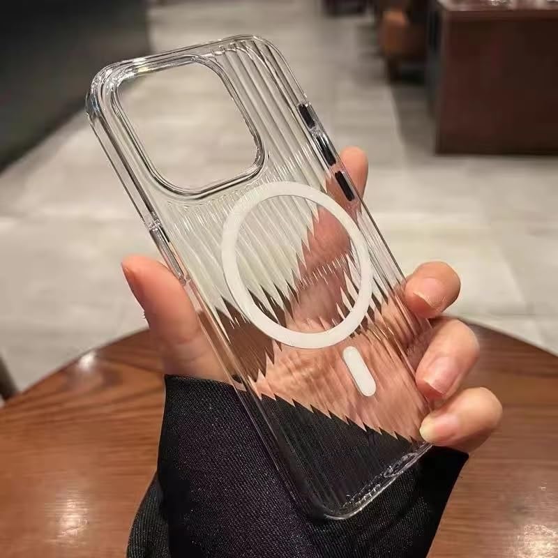 Transparent Hard Frosted Corrugated Phone Case Compatible with Magsafe, Anti-Yellow Back Case Glossy Wavy Texture - Clear White
