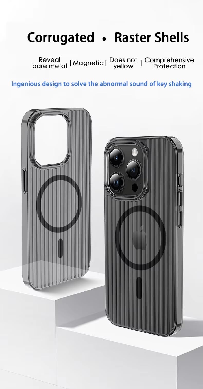 Transparent Hard Frosted Corrugated Phone Case Compatible with Magsafe, Anti-Yellow Back Case Glossy Wavy Texture - Black
