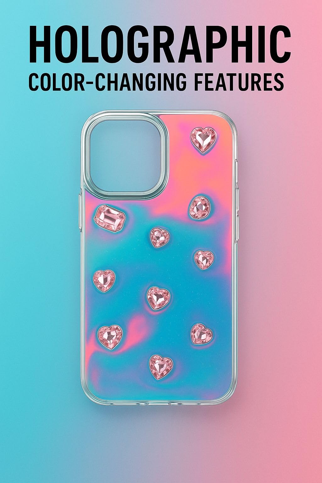Iridescent Holographic Color Changing 3D Heart stones embossed Diamond Look Reflective Aesthetic case (Clear Pink)