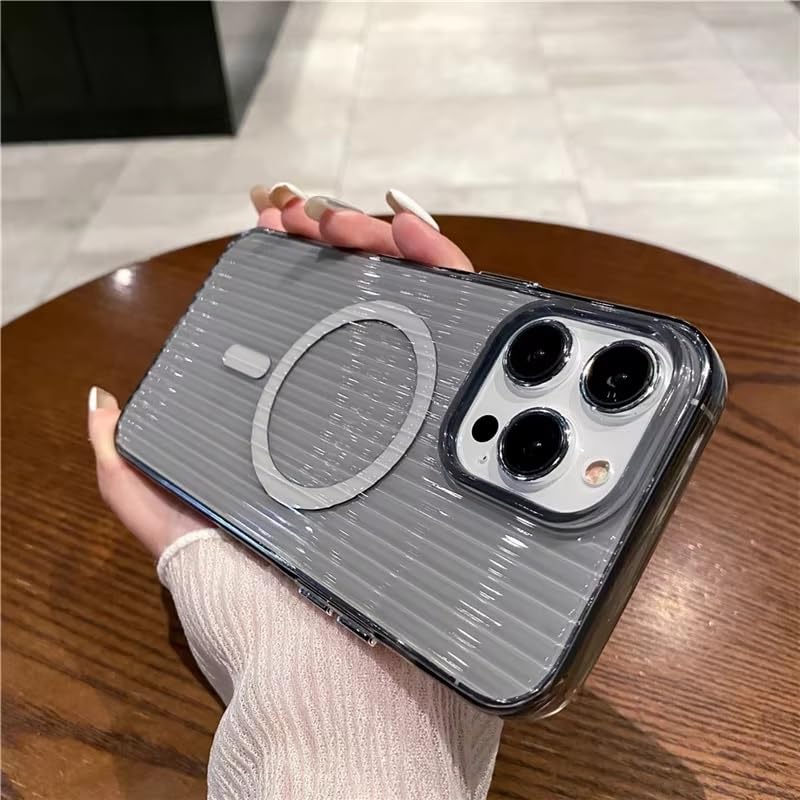 Transparent Hard Frosted Corrugated Phone Case Compatible with Magsafe, Anti-Yellow Back Case Glossy Wavy Texture - Clear Grey