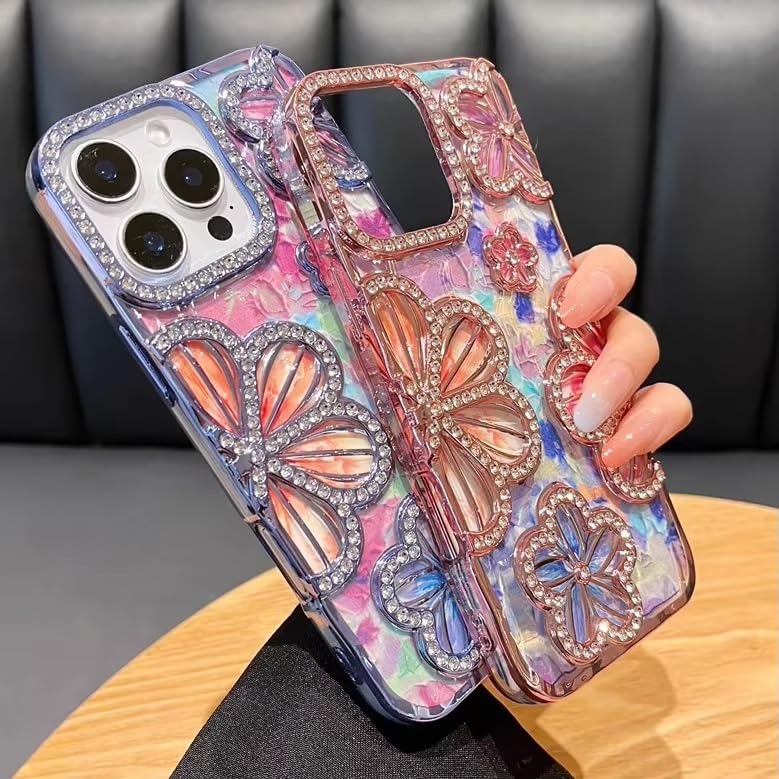 Luxury Bling Crystal 3D Diamond Flower Phone Case Rhinestone Aesthetic Back Cover