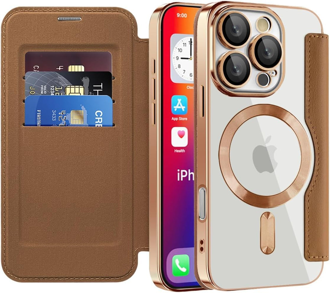 Magnetic Flip Case with RFID Card Slot, MagSafe Leather Wallet Cover with Camera Lens Protection, Shockproof TPU Luxe Case - Brown