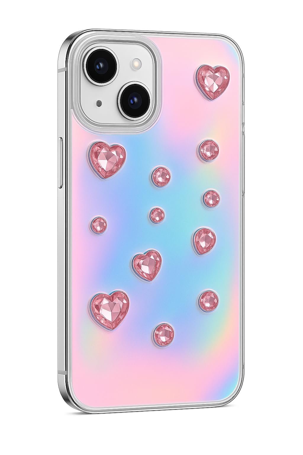Iridescent Holographic Color Changing 3D Heart stones embossed Diamond Look Reflective Aesthetic case (Clear Pink)