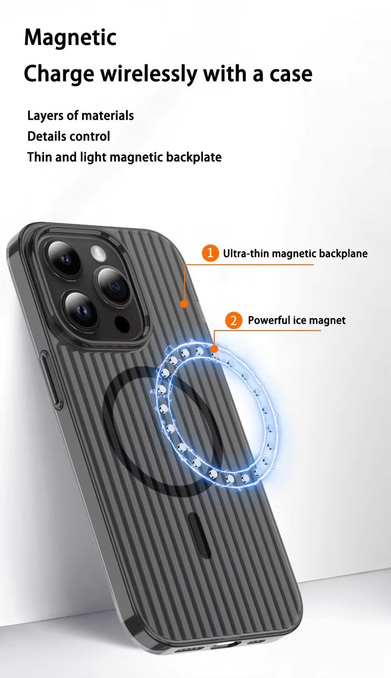 Transparent Hard Frosted Corrugated Phone Case Compatible with Magsafe, Anti-Yellow Back Case Glossy Wavy Texture - Black