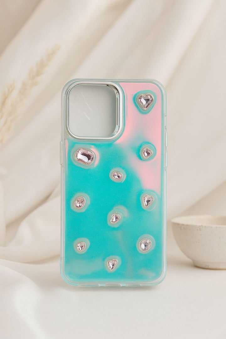 Iridescent Holographic Color Changing 3D Heart stones embossed Diamond Look Reflective Aesthetic case (Clear White)