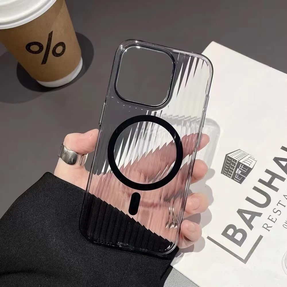Transparent Hard Frosted Corrugated Phone Case Compatible with Magsafe, Anti-Yellow Back Case Glossy Wavy Texture - Clear Black