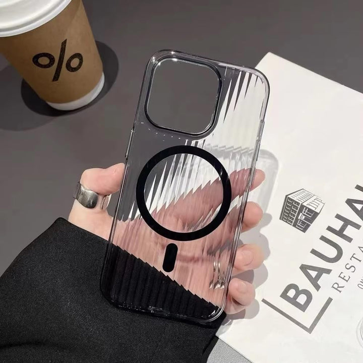 Transparent Hard Frosted Corrugated Phone Case Compatible with Magsafe, Anti-Yellow Back Case Glossy Wavy Texture - Clear Black