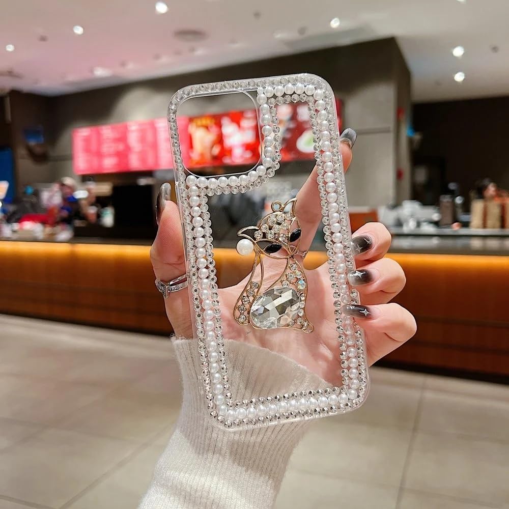 Cute Sparkling Pearl Kitty Cat Resin Phone Back Case with Crystal Rhinestone Border and Decorative Charm Bracelet