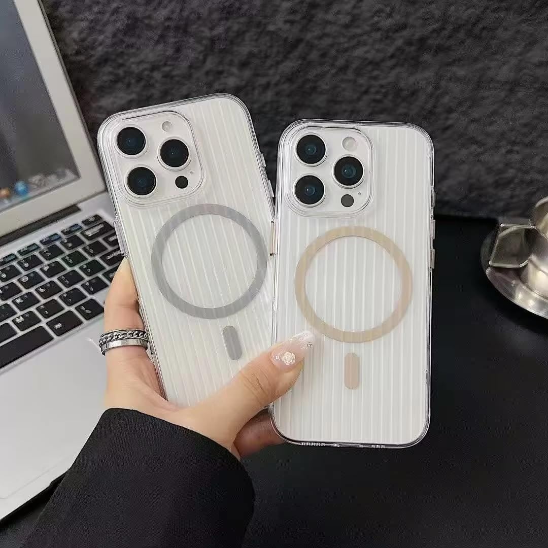 Transparent Hard Frosted Corrugated Phone Case Compatible with Magsafe, Anti-Yellow Back Case Glossy Wavy Texture - Clear Grey