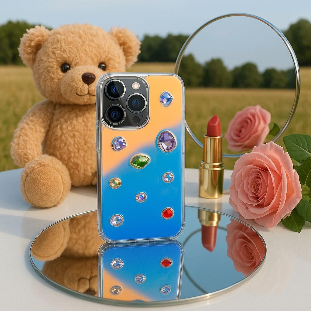 Iridescent Holographic Color Changing 3D Heart stones embossed Diamond Look Reflective Aesthetic case (Blue)